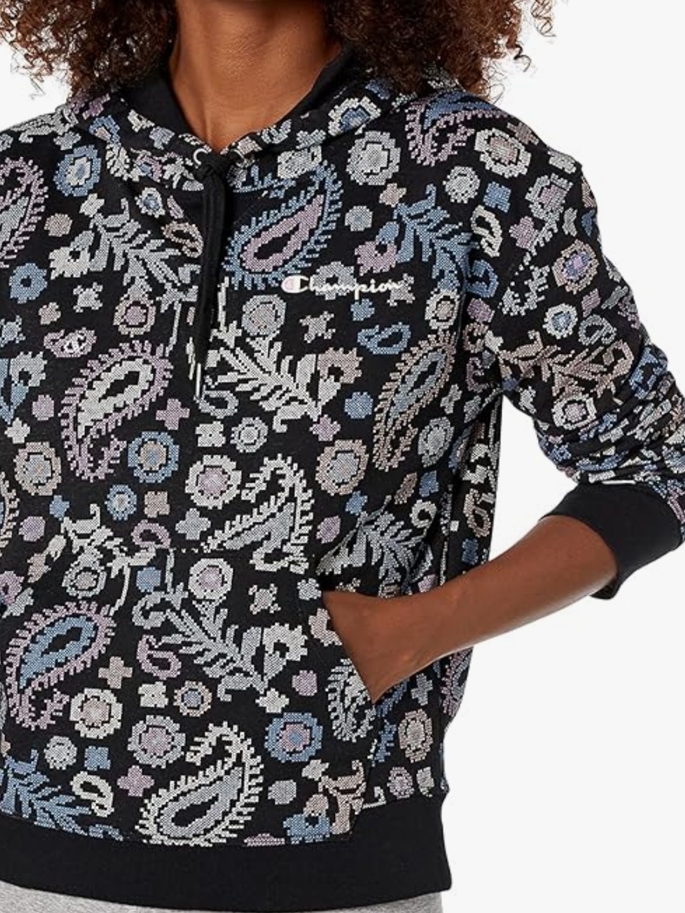 Champion Black Hoodie with Pastel Paisley Knit Size M